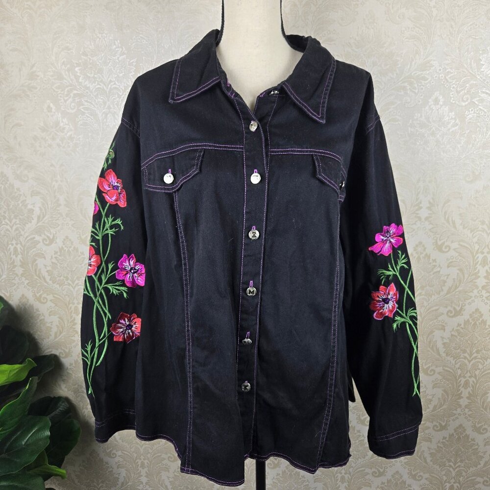 Bob Mackie Size 2X Black Button Up Jacket Floral Embroidered Sleeves Western